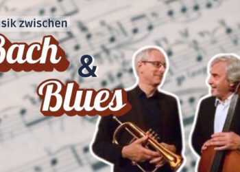 wei Musiker mit Trompete und Cello kündigen den Musikgottesdienst „Musik zwischen Bach und Blues“ am 11. Januar 2026 im evangelischen Gemeindezentrum Gardelegen an.