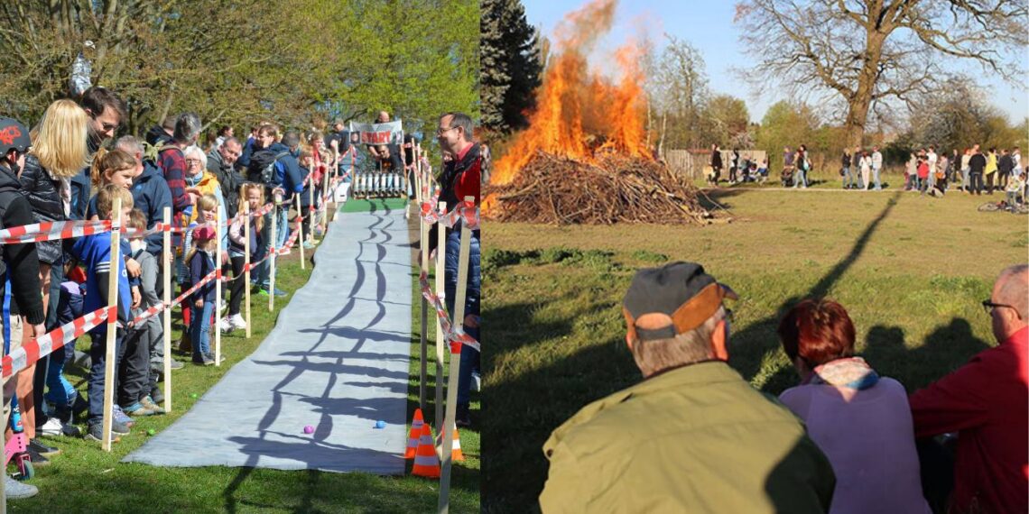 Collage aus Ostereier-Trudeln und Osterfeuer in Gardelegen: Kinder rollen bunte Eier am Spielplatz Am Burgwall, abends großes Osterfeuer im Bürgerpark mit Besuchern.