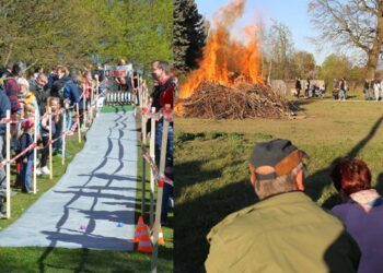 Collage aus Ostereier-Trudeln und Osterfeuer in Gardelegen: Kinder rollen bunte Eier am Spielplatz Am Burgwall, abends großes Osterfeuer im Bürgerpark mit Besuchern.