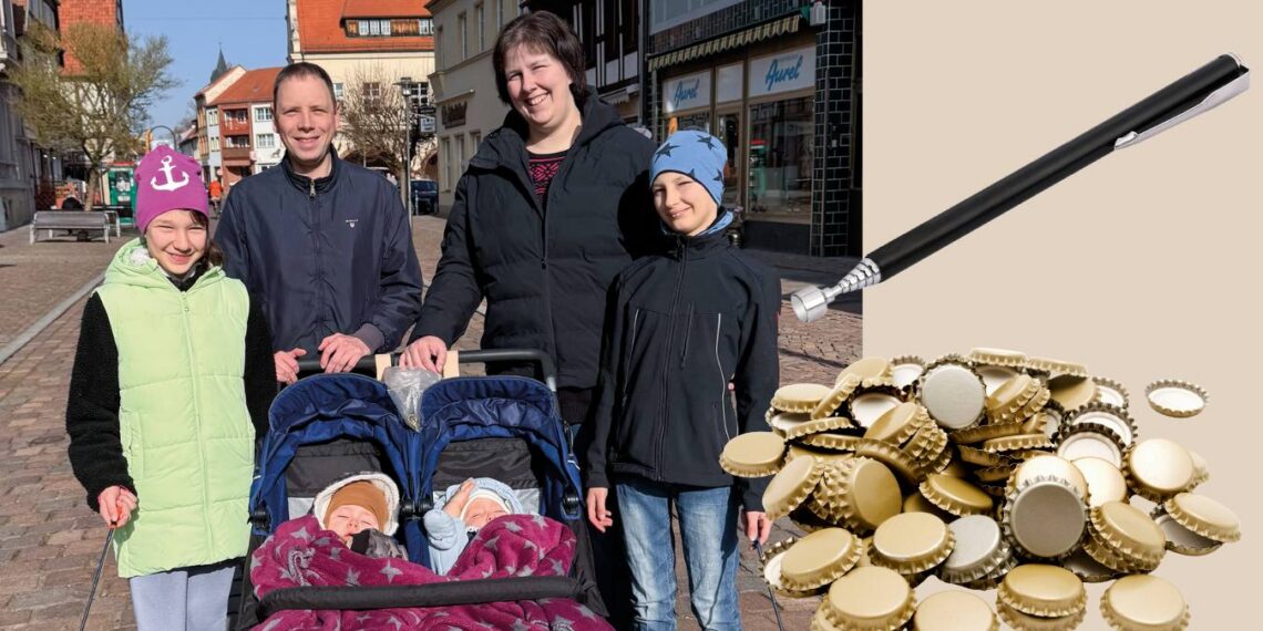 Bianka Klatt und Stephan Gregor mit ihren Kindern Ben, Lena sowie den Zwillingen Pia und Kai. Die Familie aus Gardelegen engagiert sich für die Kronkorken-Spendenaktion zugunsten des Magdeburger Förderkreises krebskranker Kinder und möchte möglichst viele Menschen zum Mitmachen bewegen.