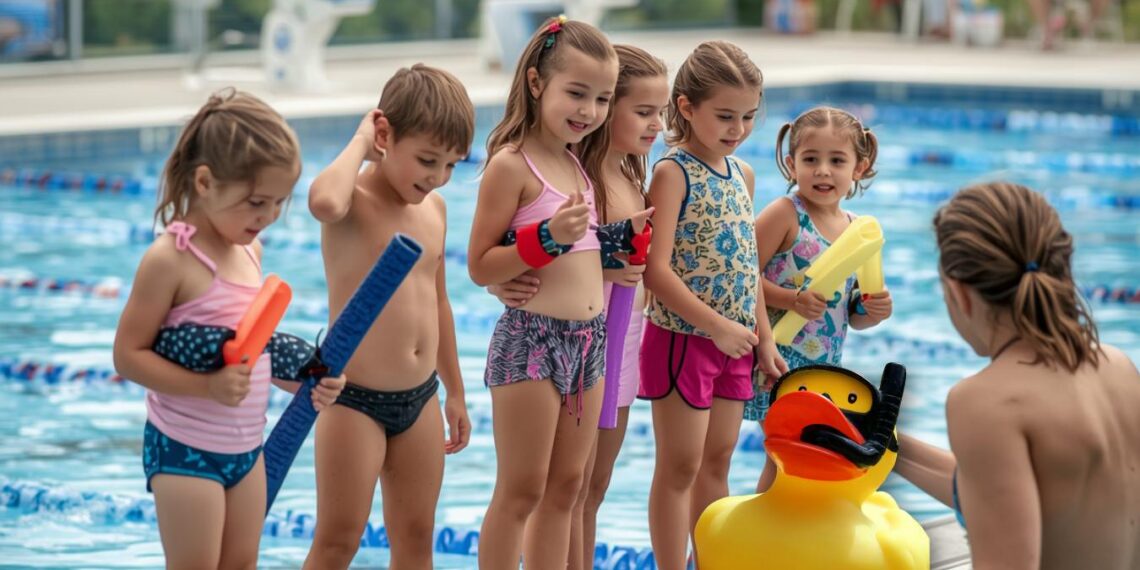 KI-generiertes Symbolbild: Kinder lernen in einem Freibad schwimmen und stehen mit Schwimmhilfen am Beckenrand. Die Hansestadt Gardelegen plant 2026 mehrere Schwimmkurse für Kinder in den Freibädern Zienau, Potzehne und Zichtau.