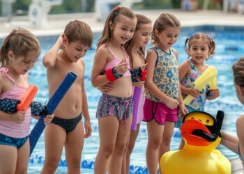 KI-generiertes Symbolbild: Kinder lernen in einem Freibad schwimmen und stehen mit Schwimmhilfen am Beckenrand. Die Hansestadt Gardelegen plant 2026 mehrere Schwimmkurse für Kinder in den Freibädern Zienau, Potzehne und Zichtau.