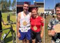 Carsten Fuhrmann, Ferdinand und Mathilda Görnert sowie Mandy Schulze als Teilnehmer des Jedermann-Triathlons 2026 im Freibad Potzehne.