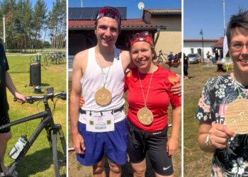 Carsten Fuhrmann, Ferdinand und Mathilda Görnert sowie Mandy Schulze als Teilnehmer des Jedermann-Triathlons 2026 im Freibad Potzehne.